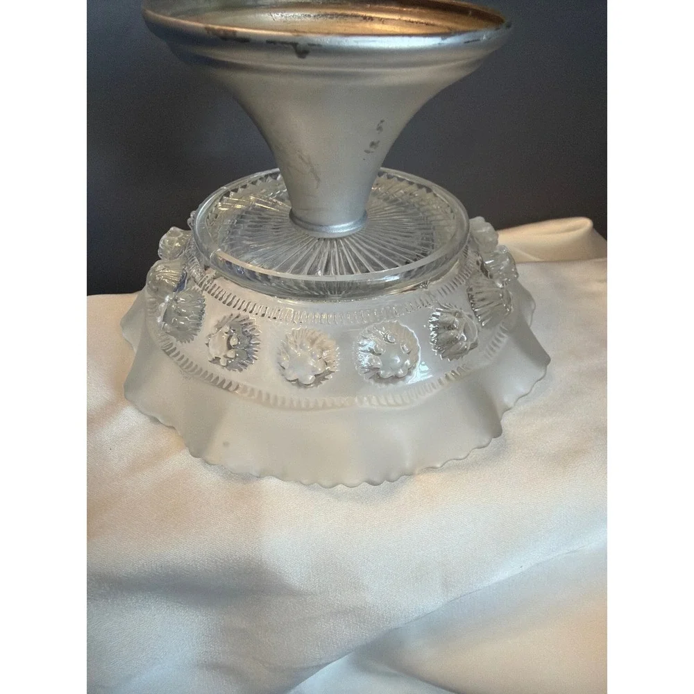 Vintage Frosted Glass Ruffled Compote Dish Silver Pedestal Base Centerpiece 5.5